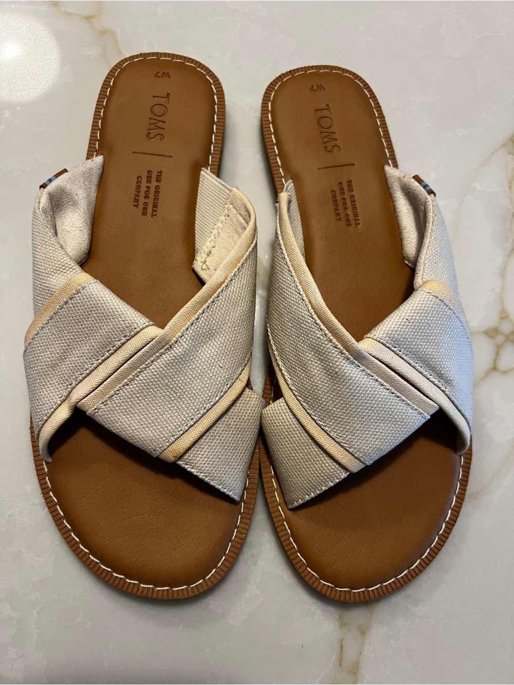TOMS Cream Crisscross Canvas Slide Sandals